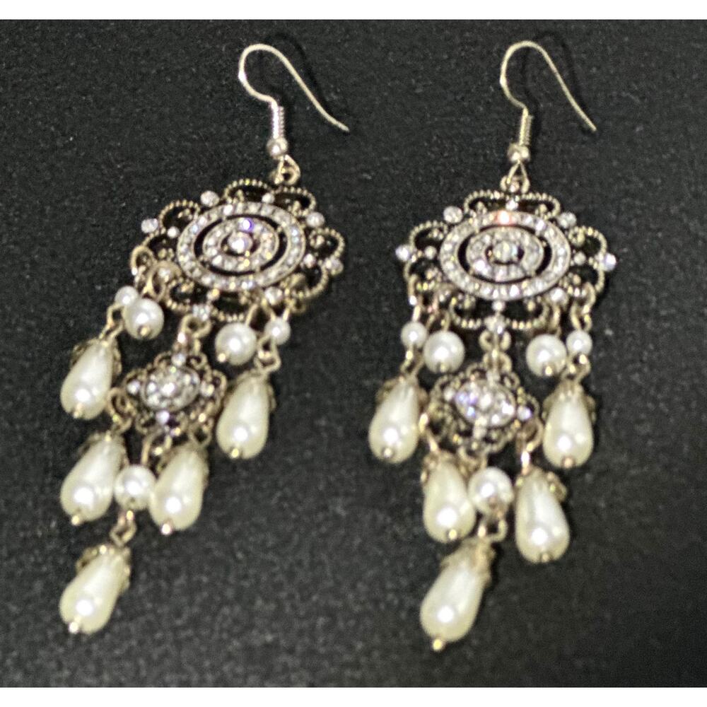 Plunder Gold Tone SET Faux Pearl Rhinestone Necklace Earrings Bridal Statement - Picture 9 of 10
